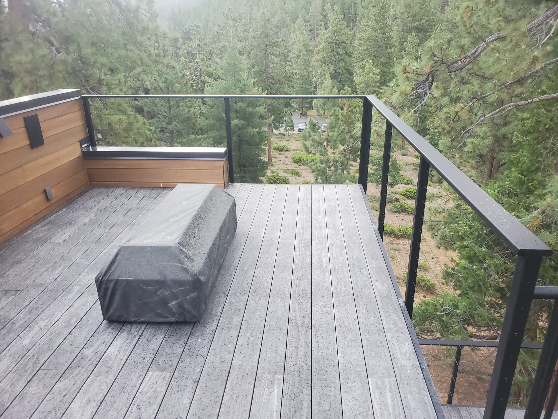 Steel cable railing on an elevated deck overlooking the forest